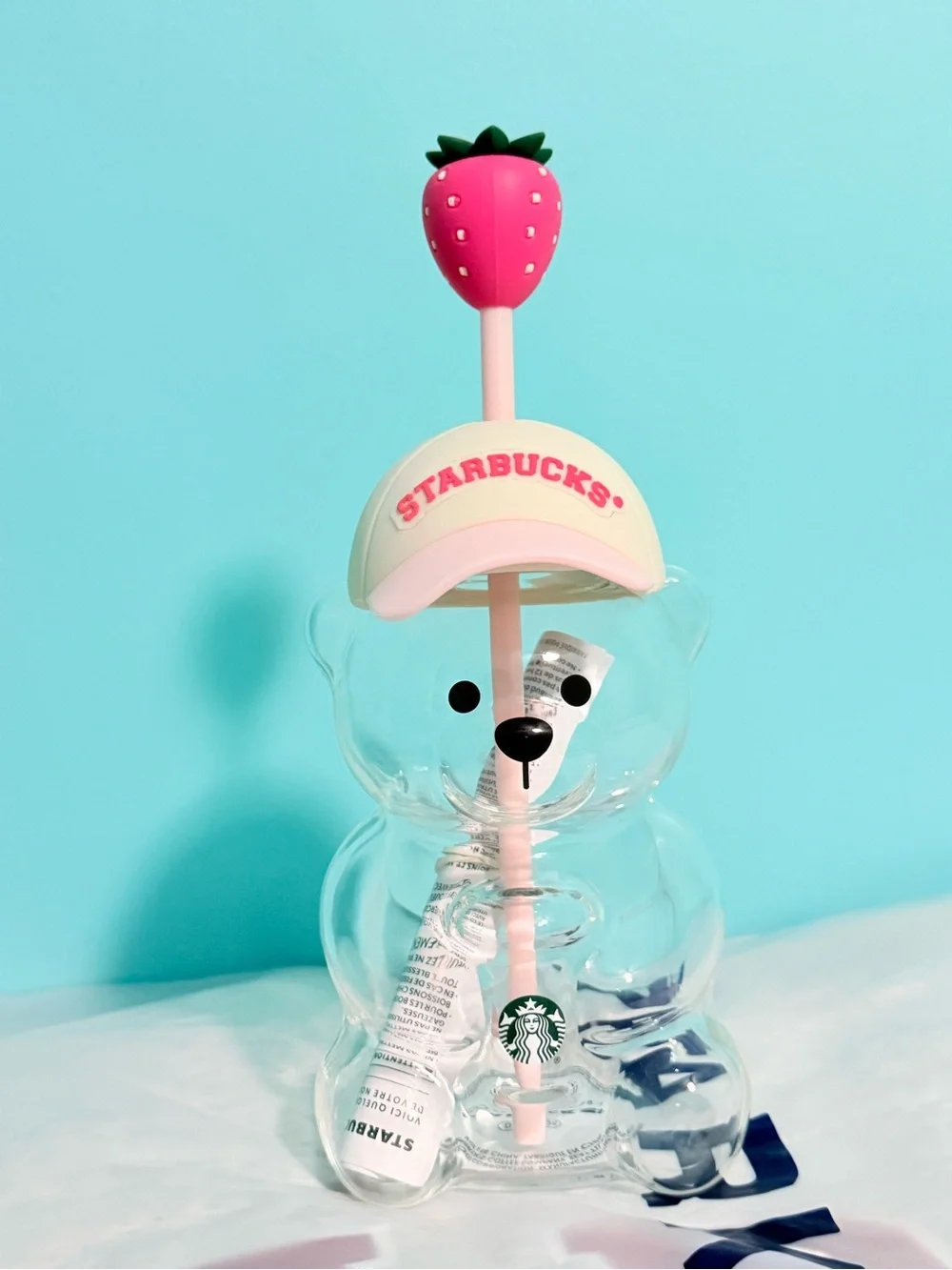 Starbucks Pink Bearista Bottle with Pink Strawberry Straw and Pale Pink Cap